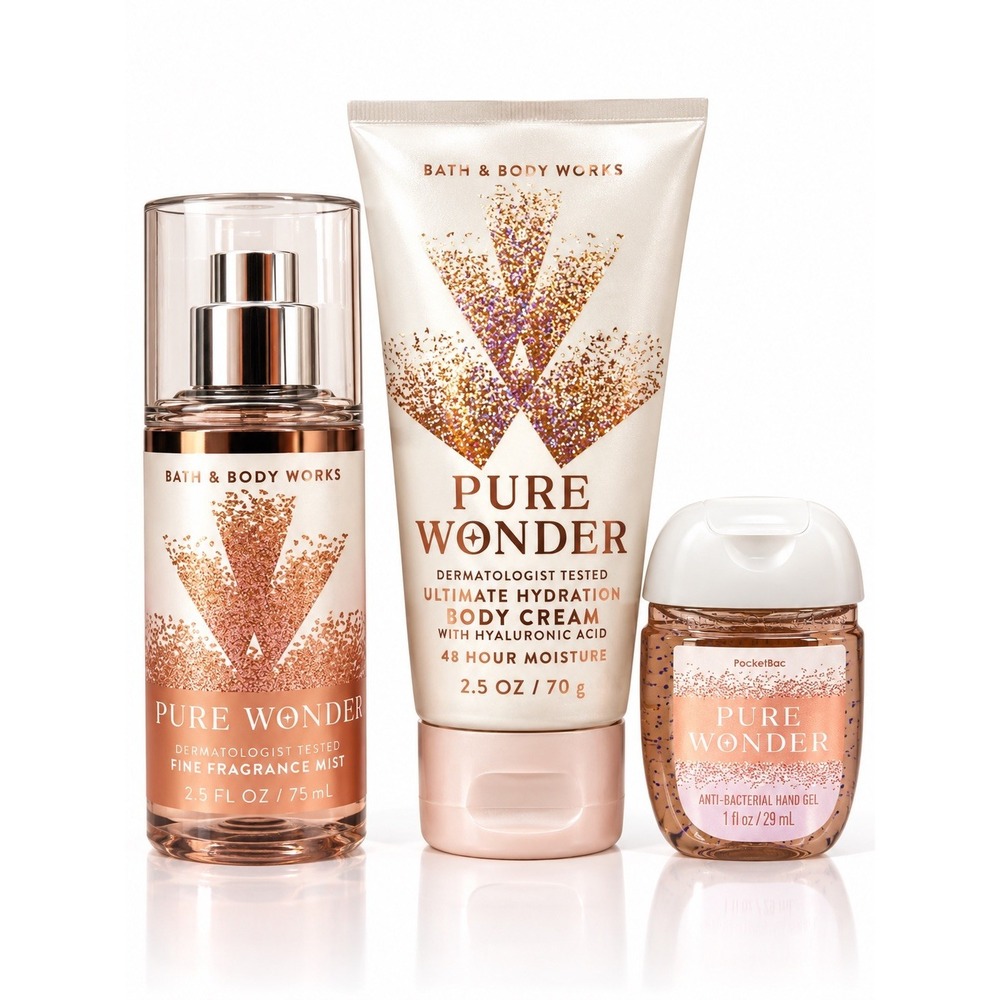 Bath And Body Works Pure Wonder Travel Mist Body Cream Sanitizer 3 Pc Gift Set